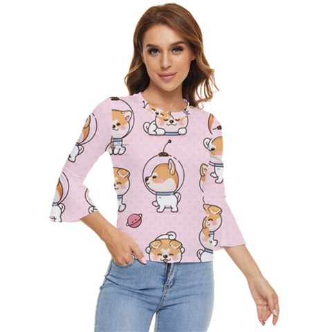 Set Kawaii Smile Japanese Dog Cartoon Bell Sleeve Top by Wegoenart