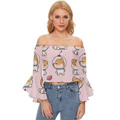 Set Kawaii Smile Japanese Dog Cartoon Off Shoulder Flutter Bell Sleeve Top by Wegoenart