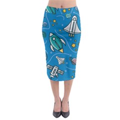 Rocket Ship Space Seamless Pattern Midi Pencil Skirt by Wegoenart