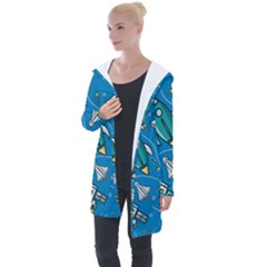 Rocket Ship Space Seamless Pattern Longline Hooded Cardigan by Wegoenart