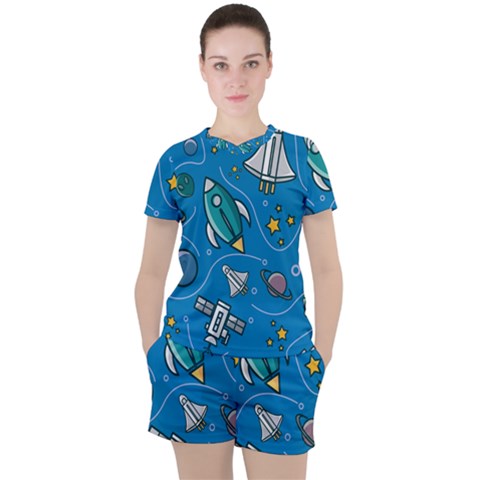 Rocket Ship Space Seamless Pattern Women s Tee And Shorts Set by Wegoenart