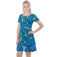 Rocket Ship Space Seamless Pattern Cap Sleeve Velour Dress  by Wegoenart