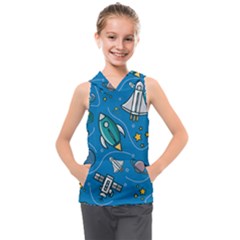 Rocket Ship Space Seamless Pattern Kids  Sleeveless Hoodie by Wegoenart