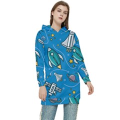 Rocket Ship Space Seamless Pattern Women s Long Oversized Pullover Hoodie by Wegoenart