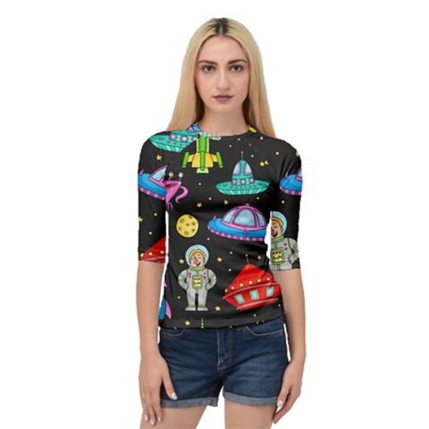 Seamless Pattern With Space Object Ufo Rocket Alien Hand Drawn Element Space Quarter Sleeve Raglan Tee by Wegoenart