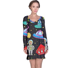 Seamless Pattern With Space Object Ufo Rocket Alien Hand Drawn Element Space Long Sleeve Nightdress by Wegoenart