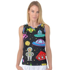 Seamless Pattern With Space Object Ufo Rocket Alien Hand Drawn Element Space Women s Basketball Tank Top by Wegoenart