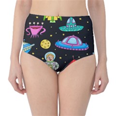 Seamless Pattern With Space Object Ufo Rocket Alien Hand Drawn Element Space Classic High-waist Bikini Bottoms by Wegoenart