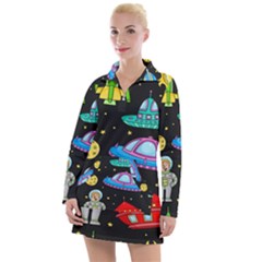 Seamless Pattern With Space Object Ufo Rocket Alien Hand Drawn Element Space Women s Long Sleeve Casual Dress by Wegoenart