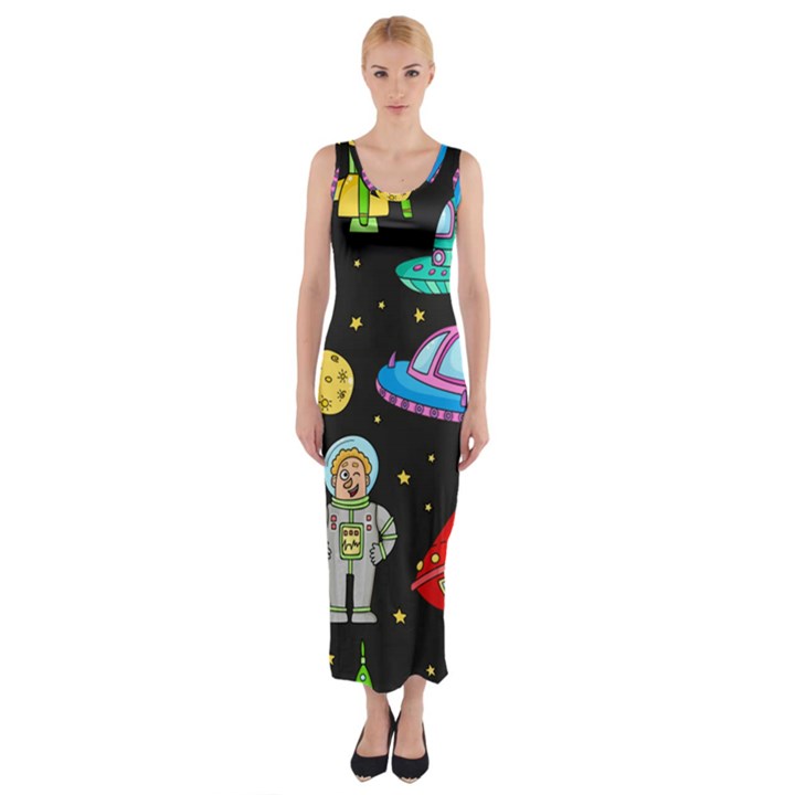 Seamless Pattern With Space Object Ufo Rocket Alien Hand Drawn Element Space Fitted Maxi Dress