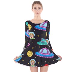 Seamless Pattern With Space Object Ufo Rocket Alien Hand Drawn Element Space Long Sleeve Velvet Skater Dress by Wegoenart