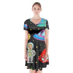 Seamless Pattern With Space Object Ufo Rocket Alien Hand Drawn Element Space Short Sleeve V-neck Flare Dress by Wegoenart