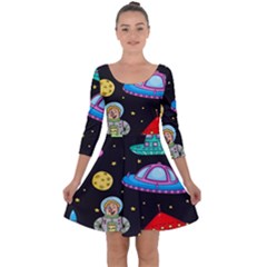 Seamless Pattern With Space Object Ufo Rocket Alien Hand Drawn Element Space Quarter Sleeve Skater Dress by Wegoenart