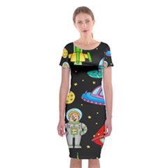 Seamless Pattern With Space Object Ufo Rocket Alien Hand Drawn Element Space Classic Short Sleeve Midi Dress by Wegoenart