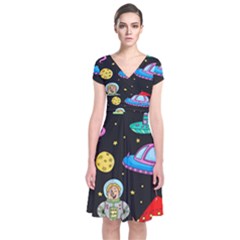 Seamless Pattern With Space Object Ufo Rocket Alien Hand Drawn Element Space Short Sleeve Front Wrap Dress by Wegoenart