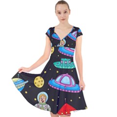 Seamless Pattern With Space Object Ufo Rocket Alien Hand Drawn Element Space Cap Sleeve Front Wrap Midi Dress by Wegoenart