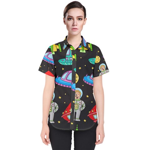 Seamless Pattern With Space Object Ufo Rocket Alien Hand Drawn Element Space Women s Short Sleeve Shirt by Wegoenart