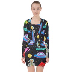 Seamless Pattern With Space Object Ufo Rocket Alien Hand Drawn Element Space V-neck Bodycon Long Sleeve Dress by Wegoenart