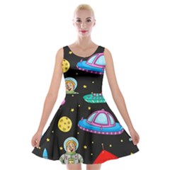 Seamless Pattern With Space Object Ufo Rocket Alien Hand Drawn Element Space Velvet Skater Dress by Wegoenart