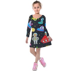 Seamless Pattern With Space Object Ufo Rocket Alien Hand Drawn Element Space Kids  Long Sleeve Velvet Dress by Wegoenart