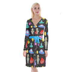 Seamless Pattern With Space Object Ufo Rocket Alien Hand Drawn Element Space Long Sleeve Velvet Front Wrap Dress by Wegoenart