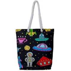 Seamless Pattern With Space Object Ufo Rocket Alien Hand Drawn Element Space Full Print Rope Handle Tote (small) by Wegoenart