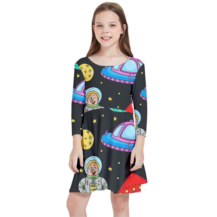 Seamless Pattern With Space Object Ufo Rocket Alien Hand Drawn Element Space Kids  Quarter Sleeve Skater Dress