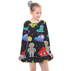 Seamless Pattern With Space Object Ufo Rocket Alien Hand Drawn Element Space Kids  Long Sleeve Dress by Wegoenart