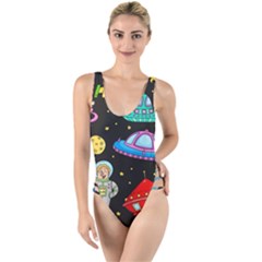 Seamless Pattern With Space Object Ufo Rocket Alien Hand Drawn Element Space High Leg Strappy Swimsuit by Wegoenart