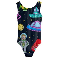 Seamless Pattern With Space Object Ufo Rocket Alien Hand Drawn Element Space Kids  Cut-out Back One Piece Swimsuit by Wegoenart