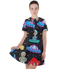 Seamless Pattern With Space Object Ufo Rocket Alien Hand Drawn Element Space Short Sleeve Shoulder Cut Out Dress  by Wegoenart