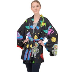 Seamless Pattern With Space Object Ufo Rocket Alien Hand Drawn Element Space Long Sleeve Velvet Kimono  by Wegoenart