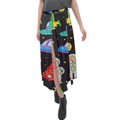 Seamless Pattern With Space Object Ufo Rocket Alien Hand Drawn Element Space Velour Split Maxi Skirt by Wegoenart