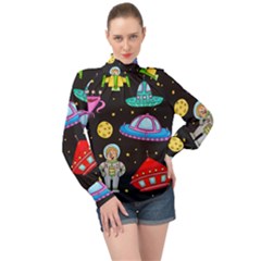 Seamless Pattern With Space Object Ufo Rocket Alien Hand Drawn Element Space High Neck Long Sleeve Chiffon Top by Wegoenart