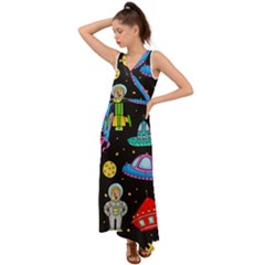 Seamless Pattern With Space Object Ufo Rocket Alien Hand Drawn Element Space V-neck Chiffon Maxi Dress by Wegoenart