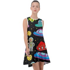 Seamless Pattern With Space Object Ufo Rocket Alien Hand Drawn Element Space Frill Swing Dress by Wegoenart