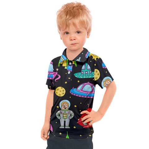 Seamless Pattern With Space Object Ufo Rocket Alien Hand Drawn Element Space Kids  Polo Tee by Wegoenart