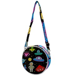 Seamless Pattern With Space Object Ufo Rocket Alien Hand Drawn Element Space Crossbody Circle Bag by Wegoenart