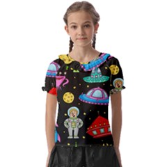 Seamless Pattern With Space Object Ufo Rocket Alien Hand Drawn Element Space Kids  Frill Chiffon Blouse by Wegoenart