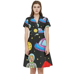 Seamless Pattern With Space Object Ufo Rocket Alien Hand Drawn Element Space Short Sleeve Waist Detail Dress by Wegoenart