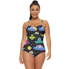 Seamless Pattern With Space Object Ufo Rocket Alien Hand Drawn Element Space Retro Full Coverage Swimsuit by Wegoenart