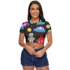 Seamless Pattern With Space Object Ufo Rocket Alien Hand Drawn Element Space Side Button Cropped Tee by Wegoenart