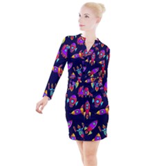 Space Pattern Button Long Sleeve Dress by Wegoenart