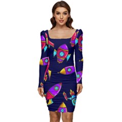 Space Pattern Women Long Sleeve Ruched Stretch Jersey Dress by Wegoenart