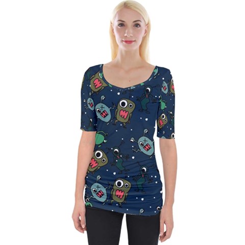 Monster Alien Pattern Seamless Background Wide Neckline Tee by Wegoenart