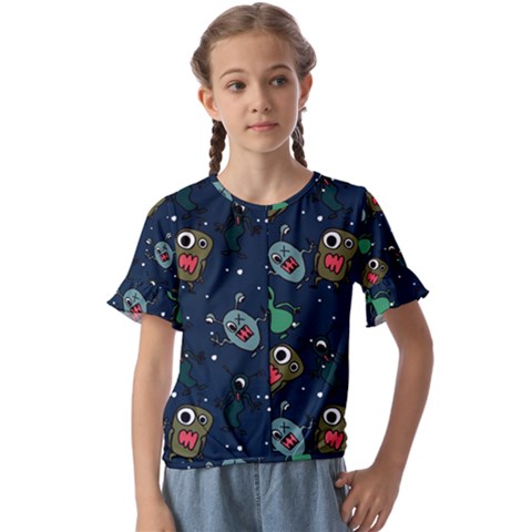 Monster Alien Pattern Seamless Background Kids  Cuff Sleeve Scrunch Bottom Tee by Wegoenart