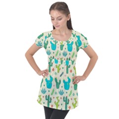 Cactus Succulent Floral Seamless Pattern Puff Sleeve Tunic Top by Wegoenart