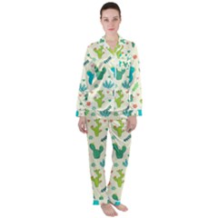 Cactus Succulent Floral Seamless Pattern Satin Long Sleeve Pajamas Set by Wegoenart