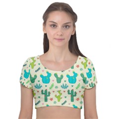 Cactus Succulent Floral Seamless Pattern Velvet Short Sleeve Crop Top  by Wegoenart