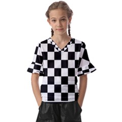 Chess Board Background Design Kids  V-neck Horn Sleeve Blouse by Wegoenart